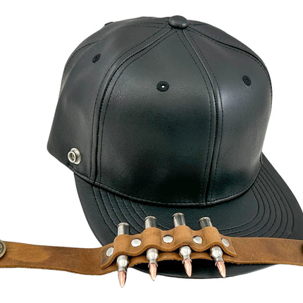 HT162BROWN  BULLET STAPPED VEGAN LEATHER BASEBALL  HAT