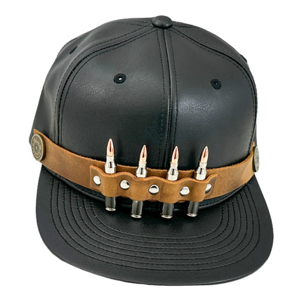 HT162BROWN  BULLET STAPPED VEGAN LEATHER BASEBALL  HAT