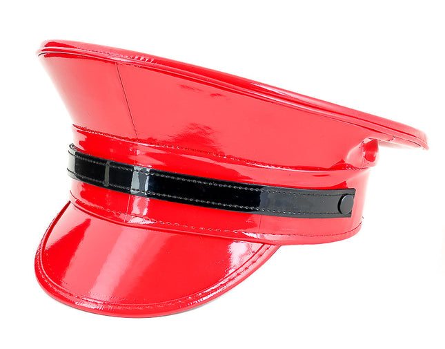 HT202P.RED PATENT POLICE HAT WITH STRAP BAND
