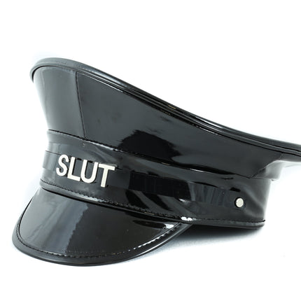 HT233P.BLK  NAME PATENT CAPTAIN HAT WHORE SLAVE SLUT