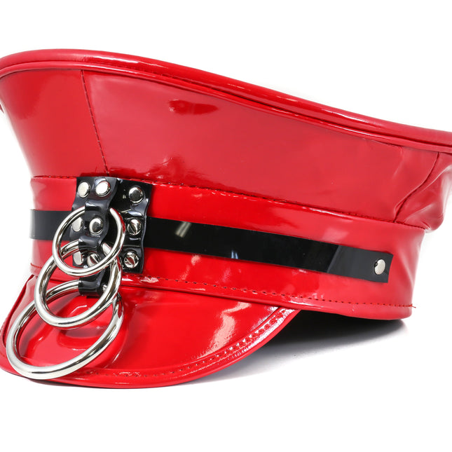 HT242P.RED  3 RING RED PATENT BLACK STRAP CAPTAIN HAT