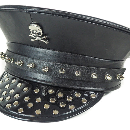 HT249 ROUND STUDDED FLAP SPIKE STRAP SKULL POLICE HAT