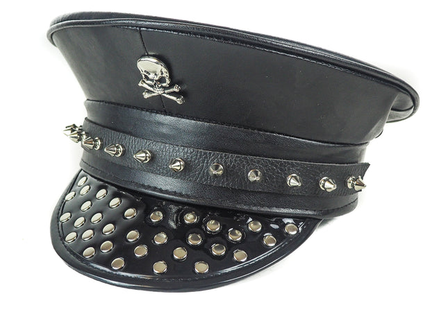HT249 ROUND STUDDED FLAP SPIKE STRAP SKULL POLICE HAT