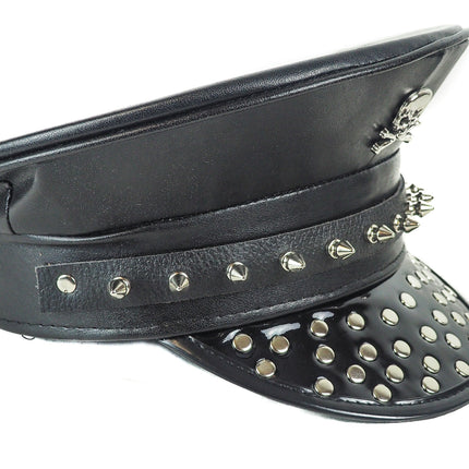 HT249 ROUND STUDDED FLAP SPIKE STRAP SKULL POLICE HAT