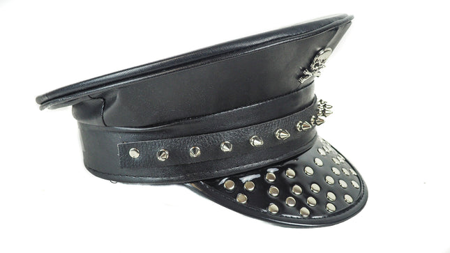 HT249 ROUND STUDDED FLAP SPIKE STRAP SKULL POLICE HAT