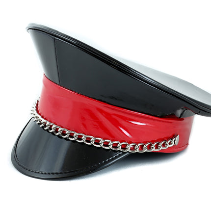 HT255BR  BLACK RED CHAIN STRAP HAT