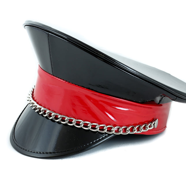 HT255BR  BLACK RED CHAIN STRAP HAT
