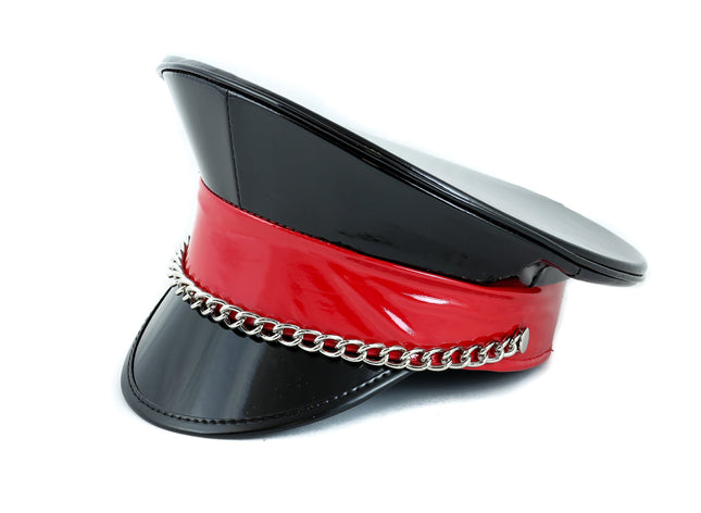HT255BR  BLACK RED CHAIN STRAP HAT