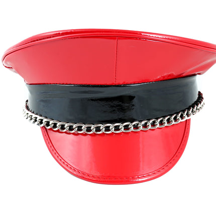 HT255RB PATENT RED WITH BLACK STRAP CHAIN CAPTAIN HAT