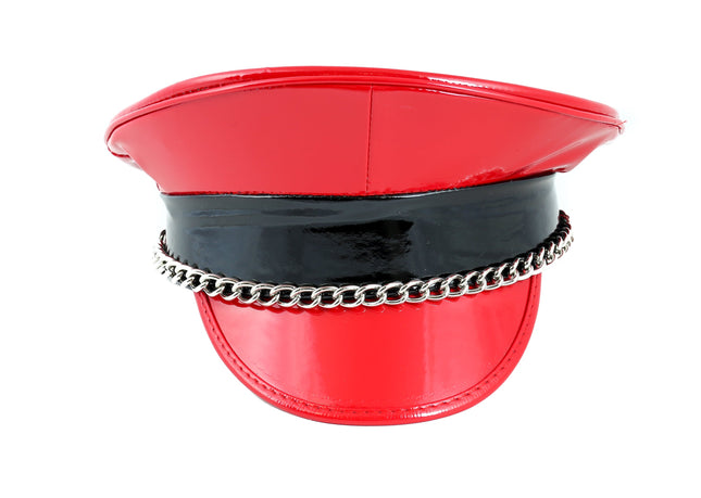 HT255RB PATENT RED WITH BLACK STRAP CHAIN CAPTAIN HAT