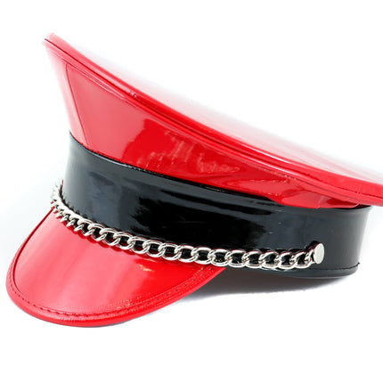 HT255RB PATENT RED WITH BLACK STRAP CHAIN CAPTAIN HAT