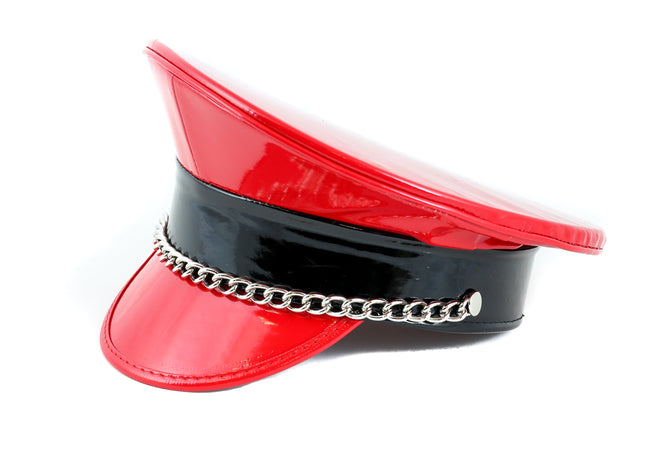 HT255RB PATENT RED WITH BLACK STRAP CHAIN CAPTAIN HAT