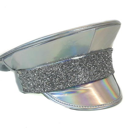 HT272RN-SIL GLITTER BAND SILVER RAINBOW PATENT CAPTAIN HAT