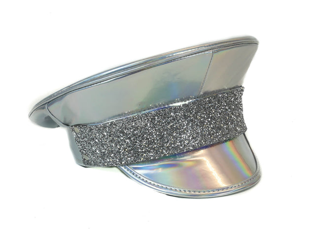 HT272RN-SIL GLITTER BAND SILVER RAINBOW PATENT CAPTAIN HAT