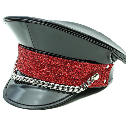 HT273BLK GLITTER BAND CHAIN BLACK PATENT CAPTAIN HAT