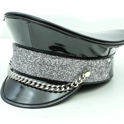 HT273BLK GLITTER BAND CHAIN BLACK PATENT CAPTAIN HAT
