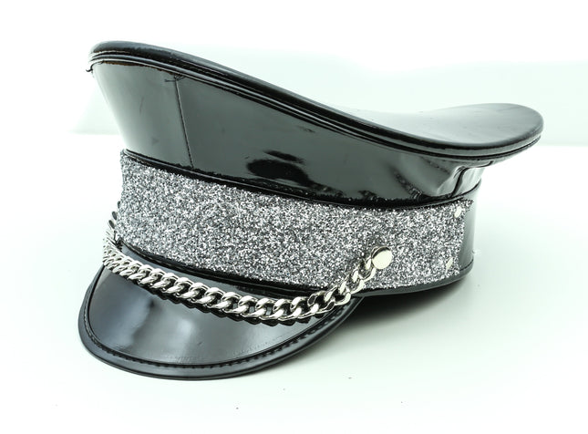 HT273BLK GLITTER BAND CHAIN BLACK PATENT CAPTAIN HAT