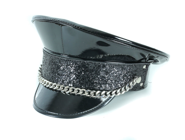 HT273BLK GLITTER BAND CHAIN BLACK PATENT CAPTAIN HAT
