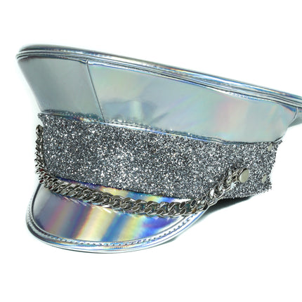 HT273RN-SIL GLITTER BAND CHAIN SILVER RAINBOW PATENT CAPTAIN HAT