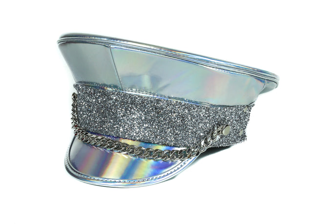 HT273RN-SIL GLITTER BAND CHAIN SILVER RAINBOW PATENT CAPTAIN HAT