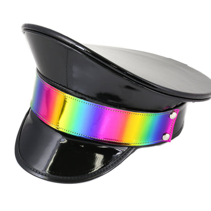 HT288P PATENT BLACK CAPTAIN HAT WITH RAINBOW
