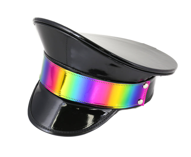 HT288P PATENT BLACK CAPTAIN HAT WITH RAINBOW