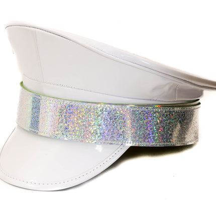 HT288WHT PATENT WHITE CAPTAIN HAT WITH RAINBOW
