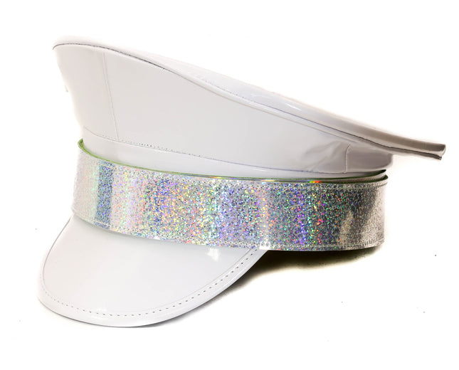 HT288WHT PATENT WHITE CAPTAIN HAT WITH RAINBOW