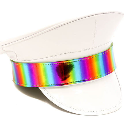 HT288WHT PATENT WHITE CAPTAIN HAT WITH RAINBOW