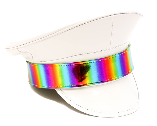 HT288WHT PATENT WHITE CAPTAIN HAT WITH RAINBOW