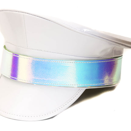 HT288WHT PATENT WHITE CAPTAIN HAT WITH RAINBOW