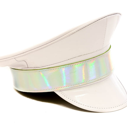 HT288WHT PATENT WHITE CAPTAIN HAT WITH RAINBOW