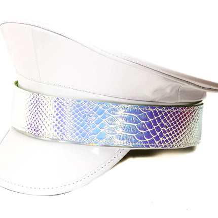 HT288WHT PATENT WHITE CAPTAIN HAT WITH RAINBOW