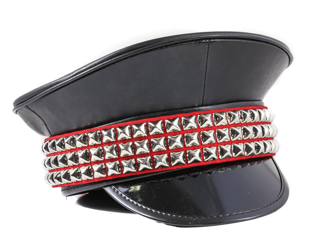 HT290C-RED PYRAMID STUDDED RED STRAP CAPTAIN HAT