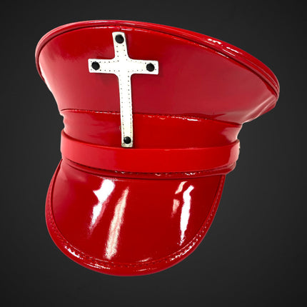 HT320RED ASSORTED CROSS RED PATENT CAPTAIN HAT