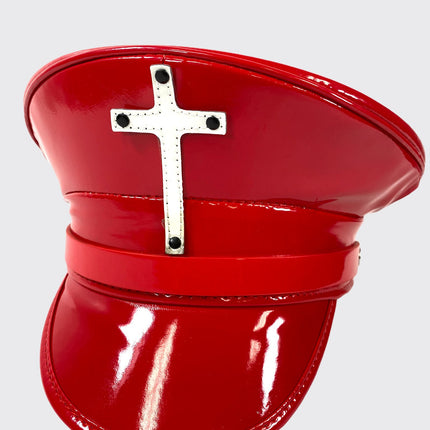 HT320RED ASSORTED CROSS RED PATENT CAPTAIN HAT