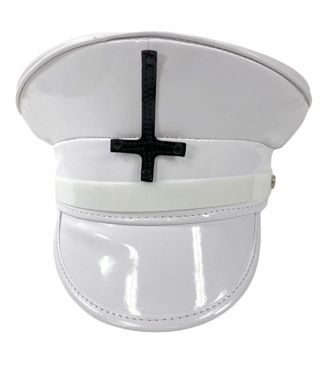 HT322WHT WHITE PATENT CAPTAIN HAT WITH ASSORTED UPSIDE DOWN