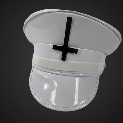 HT322WHT WHITE PATENT CAPTAIN HAT WITH ASSORTED UPSIDE DOWN