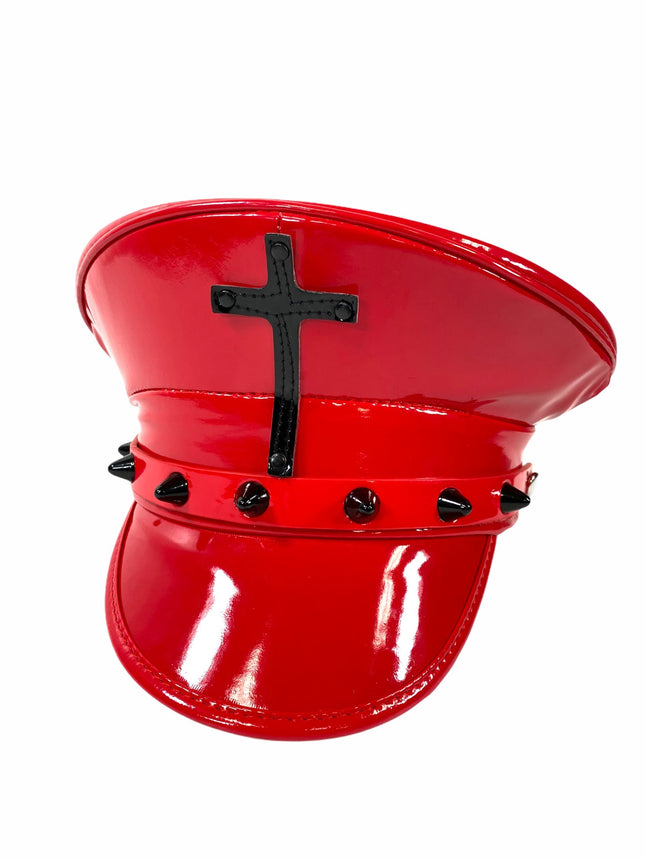 HT330RED-BS RED PATENT CAPTAIN HAT WITH ASSORTED CROSS