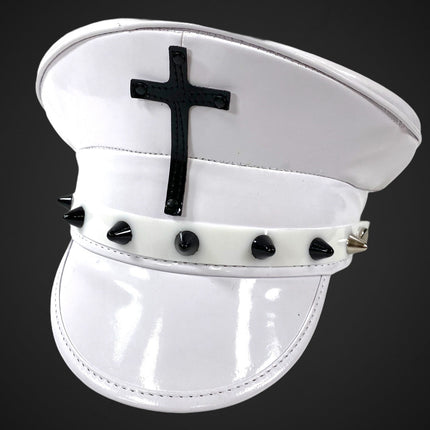 HT330WHT-BS WHITE PATENT CAPTAIN HAT WITH ASSORTED CROSS