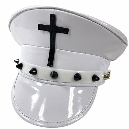 HT330WHT-BS WHITE PATENT CAPTAIN HAT WITH ASSORTED CROSS