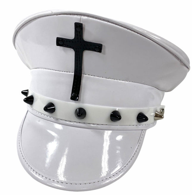 HT330WHT-BS WHITE PATENT CAPTAIN HAT WITH ASSORTED CROSS