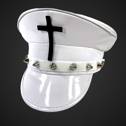 HT330WHT WHITE PATENT CAPTAIN HAT WITH ASSORTED CROSS