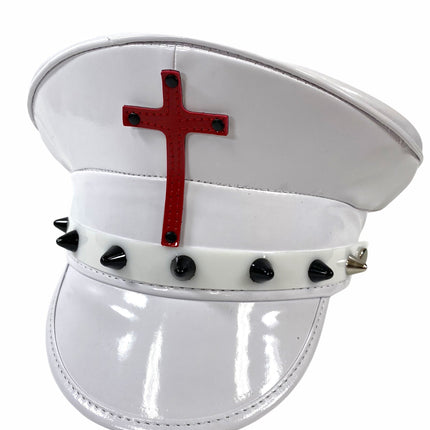 HT330WHT-BS WHITE PATENT CAPTAIN HAT WITH ASSORTED CROSS