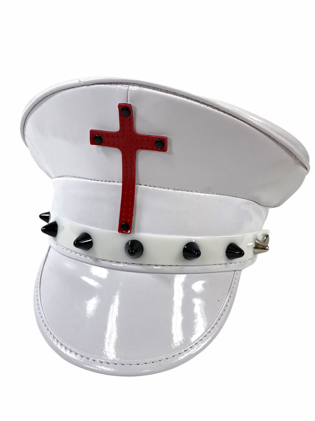 HT330WHT-BS WHITE PATENT CAPTAIN HAT WITH ASSORTED CROSS