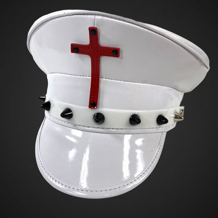 HT330WHT-BS WHITE PATENT CAPTAIN HAT WITH ASSORTED CROSS
