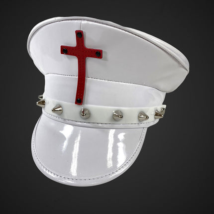 HT330WHT WHITE PATENT CAPTAIN HAT WITH ASSORTED CROSS