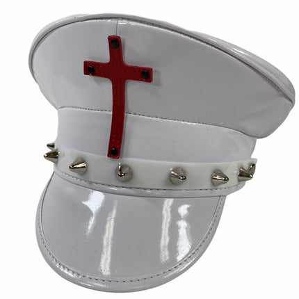 HT330WHT WHITE PATENT CAPTAIN HAT WITH ASSORTED CROSS