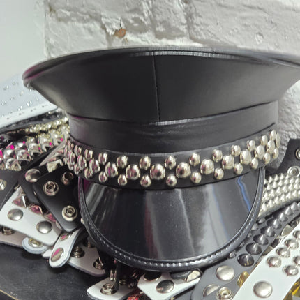 HT380MATT VEGAN LEATHER MATT ROUND STUDDED CAPTAIN HAT