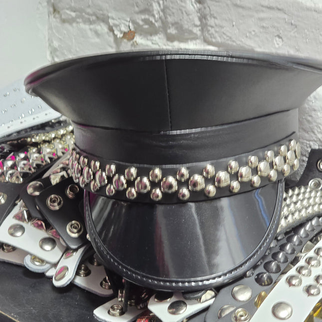HT380MATT VEGAN LEATHER MATT ROUND STUDDED CAPTAIN HAT